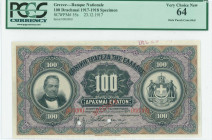 GREECE: Specimen of 100 Drachmas (23.12.1917) in black on purple and green unpt with portrait of G Stavros at left and Arms of King George I at right....