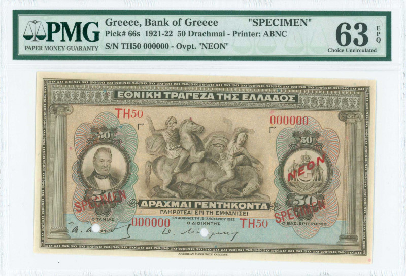 GREECE: Specimen of 50 Drachmas (1922 NEON issue / old date 19.1.1922) in brown ...