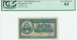 GREECE: 5 Drachmas (24.3.1923) in green on orange unpt with portrait of G Stavros at left. Low S/N: "ΓΜ010 000919". Rubber-stamp signature by Papadaki...