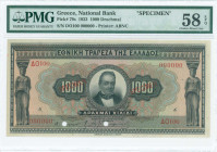 GREECE: Specimen of 1000 Drachmas (4.4.1923) in black on green and multicolor unpt with portrait of G Stavros at center. S/N: "ΔΟ100 000000". Two red ...