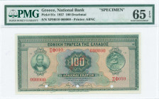 GREECE: Specimen of 100 Drachmas (6.6.1927) in green on multicolor unpt with portrait of G Stavros at left and ancient coin of Delphi at right. S/N: "...