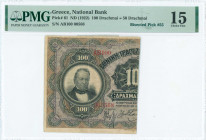 GREECE: Left part of 100 Drachmas (bisected Hellas #57) of 1922 Emergency issue. S/N: "AB100 005568". Inside holder by PMG "Choice Fine 15 / Tape". (H...