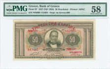 GREECE: 50 Drachmas (ND 1929 / old date 30.4.1927) in light brown on multicolor unpt with portrait of G Stavros at center. S/N: "NM099 112405". Red ov...