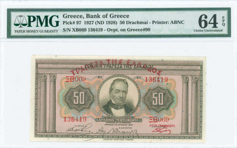 GREECE: 50 Drachmas (ND 1929 / old date 24.5.1927) in light brown on multicolor ...