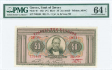 GREECE: 50 Drachmas (ND 1929 / old date 24.5.1927) in light brown on multicolor with portrait of G Stavros at center. S/N: "ΞΒ069 136417". Red ovpt "Τ...