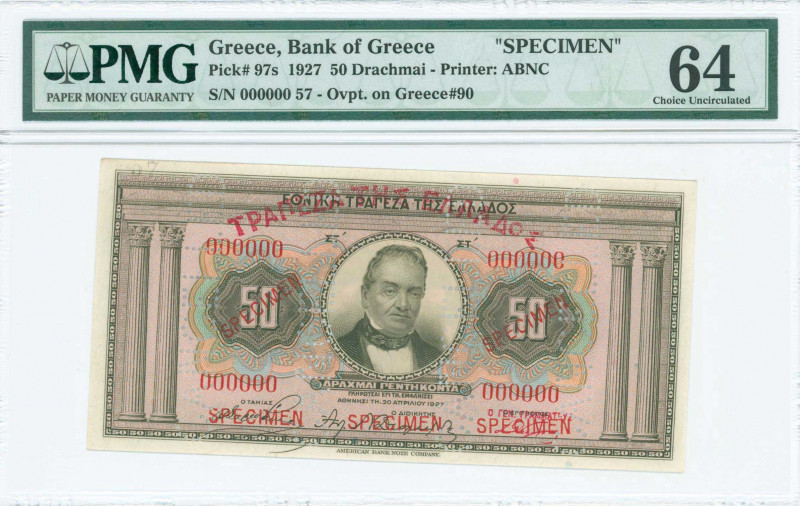 GREECE: Specimen of 50 Drachmas (ND 1929 / old date 30.4.1927) in light brown on...
