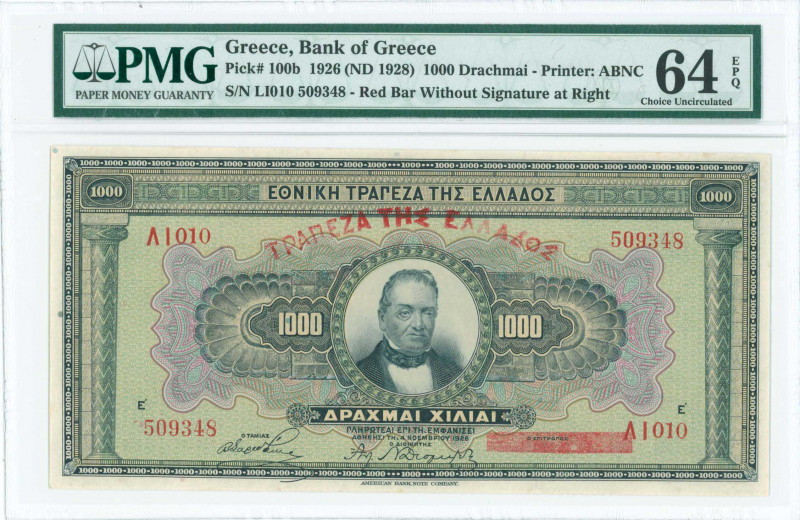 GREECE: 1000 Drachmas (ND 1928 / old date 4.11.1926) in black on green and multi...