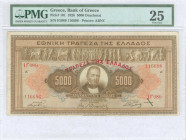 GREECE: 5000 Drachmas (ND 1928 / old date 5.10.1926) in brown on multicolor unpt with frieze at top and portrait of G Stavros at center. Red ovpt "ΤΡΑ...