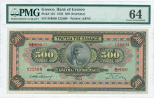 GREECE: 500 Drachmas (1.10.1932) in multicolor with Goddess Athena at center. S/N: "BH096 122890". Printed by ABNC. Inside holder by PMG "Choice Uncir...