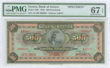 GREECE: Specimen of 500 Drachmas (1.10.1932) in multicolor with portrait of Athena at center. S/N: "ΑΛ100 000000". Two red ovpts "SPECIMEN" over value...
