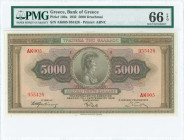 GREECE: 5000 Drachmas (1.9.1932) in brown on multicolor with portrait of Athena at center. S/N: "ΑΚ005 955428". Printed by ABNC. Inside holder by PMG ...