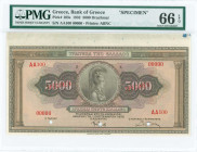 GREECE: Upper marginal specimen of 5000 Drachmas (1.9.1932) in brown on multicolor with Goddess Athena at center. S/N: "AA100 00000". Two Red ovpts "S...