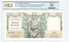 GREECE: 1000 Drachmas (1.5.1935) in multicolor with young girl wearing traditional costume from Spetses at center. S/N: "AΘ028 602838". WMK: God Posei...