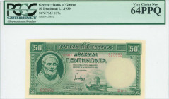 GREECE: 50 Drachmas (1.1.1939) in green with Hesiod at left and the White Tower of Thessaloniki at bottom right center. Red S/N: "Ξ-011 920892". WMK: ...