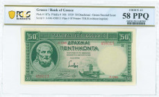 GREECE: 50 Drachmas (1.1.1939) in green with Hesiod at left and the White Tower of Thessaloniki at bottom right center. Red S/N: "Λ-046 458013". WMK: ...