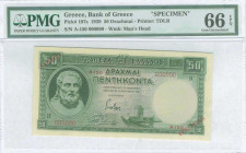 GREECE: Specimen of 50 Drachmas (1.1.1939) in green with Hesiod at left and the White Tower of Thessaloniki at bottom right center. Red S/N: "A-150 00...