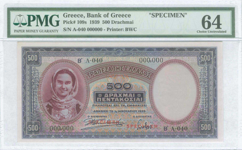 GREECE: Specimen of 500 Drachmas (1.1.1939) in lilac and blue with girl in tradi...