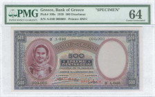 GREECE: Specimen of 500 Drachmas (1.1.1939) in lilac and blue with girl in traditional costume at left. S/N: "A-040 000000". Two red ovpts "SPECIMEN" ...