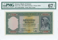 GREECE: 1000 Drachmas (1.1.1939) in green with girl in traditional Athenian costume at right. S/N: "E-049 064920". WMK: Archaic head. Printed by (BWC)...