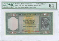GREECE: Specimen of 1000 Drachmas (1.1.1939) in green with girl in traditional Athenian costume at right. S/N: "A090 000000". Two red ovpts "SPECIMEN"...