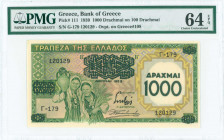 GREECE: 1000 Drachmas on 100 Drachmas (1939) in green and yellow with two young girls carrying a sheaf of wheat and an amphora at left. S/N: "Γ-179 12...