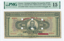GREECE: 1000 Drachmas (15.10.1926) of 1941 Emergency re-issue cancelled banknote with black box-cachet "ΤΡΑΠΕΖΑ ΤΗΣ ΕΛΛΑΔΟΣ ΕΝ ΑΓΡΙΝΙΩ" (Very common) ...