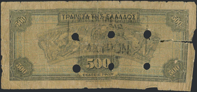 GREECE: 500 Drachmas (1.10.1932) of 1941 Emergency re-issue cancelled banknote w...