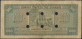 GREECE: 1000 Drachmas (15.10.1926) of 1941 Emergency re-issue cancelled banknote with black box-cachet "ΤΡΑΠΕΖΑ ΤΗΣ ΕΛΛΑΔΟΣ ΕΝ ΒΟΛΩ" (Very common) on ...