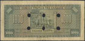 GREECE: 1000 Drachmas (4.11.1926) of 1941 Emergency re-issue cancelled banknote with black box-cachet "ΤΡΑΠΕΖΑ ΤΗΣ ΕΛΛΑΔΟΣ ΕΝ ΒΟΛΩ" (Very common) on b...