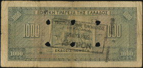 GREECE: 1000 Drachmas (15.10.1926) of 1941 Emergency re-issue cancelled banknote with black box-cachet "ΤΡΑΠΕΖΑ ΤΗΣ ΕΛΛΑΔΟΣ ΕΝ ΚΑΒΑΛΛΑ 5 ΙΟΥΝ. 1939" (...