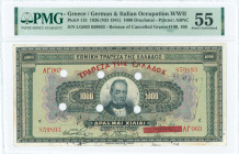 GREECE: 1000 Drachmas (4.11.1926) of 1941 Emergency re-issue cancelled banknote with two black box cachets "ΤΡΑΠΕΖΑ ΤΗΣ ΕΛΛΑΔΟΣ ΕΝ ΚΑΛΑΒΡΥΤΟΙΣ 31 ΔΕΚ ...