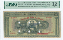 GREECE: 1000 Drachmas (15.10.1926) of 1941 Emergency re-issue cancelled banknote with black box cachet "ΤΡΑΠΕΖΑ ΤΗΣ ΕΛΛΑΔΟΣ ΕΝ ΚΑΛΑΜΑΙΣ 1938" (Very co...