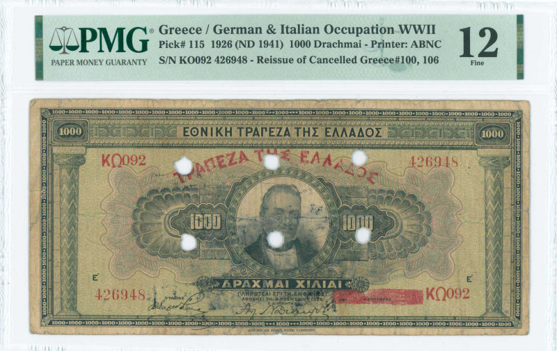 GREECE: 1000 Drachmas (4.11.1926) of 1941 Emergency re-issue cancelled banknote ...