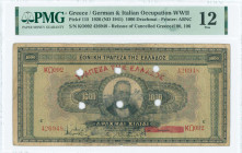 GREECE: 1000 Drachmas (4.11.1926) of 1941 Emergency re-issue cancelled banknote with black box cachet "ΤΡΑΠΕΖΑ ΤΗΣ ΕΛΛΑΔΟΣ ΕΝ ΚΑΛΑΜΑΙΣ 1938" (Very com...