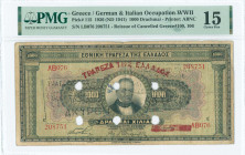 GREECE: 1000 Drachmas (4.11.1926) of 1941 Emergency re-issue cancelled banknote with black box cachet "ΤΡΑΠΕΖΑ ΤΗΣ ΕΛΛΑΔΟΣ ΕΝ ΚΙΛΚΙΣ" (Rare) on face a...