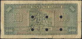 GREECE: 1000 Drachmas (4.11.1926) of 1941 Emergency re-issue cancelled banknote with black box-cachet "ΤΡΑΠΕΖΑ ΤΗΣ ΕΛΛΑΔΟΣ ΕΝ ΠΑΤΡΑΙΣ" (Very common) o...
