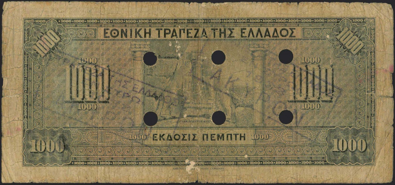 GREECE: 1000 Drachmas (15.10.1926) of 1941 Emergency re-issue cancelled banknote...