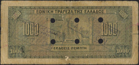 GREECE: 1000 Drachmas (15.10.1926) of 1941 Emergency re-issue cancelled banknote with two violet box-cachets "ΤΡΑΠΕΖΑ ΤΗΣ ΕΛΛΑΔΟΣ ΕΝ ΣΥΡΩ 1938" (Scarc...