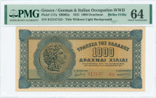 GREECE: 1000 Drachmas (1.10.1941) in blue on orange unpt with Alexander the Great at left. S/N: "012147 AΔ" with suffix. Title of back without backgro...