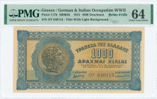 GREECE: 1000 Drachmas (1.10.1941) in blue on orange unpt with Alexander the Great at left. S/N: "OT 640113" with prefix. Title of back on white backgr...