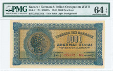 GREECE: 1000 Drachmas (1.10.1941) in blue and brown with coin of Alexander the Great at left. S/N: "227512 ΜE" with suffix. Title of back on white bac...