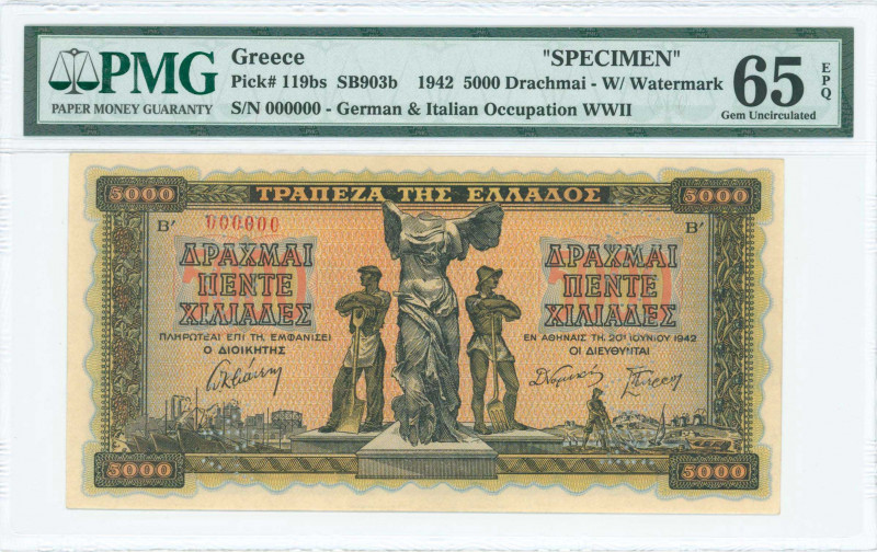 GREECE: Specimen of 5000 Drachmas (20.6.1942) in black on pale red, blue and mul...