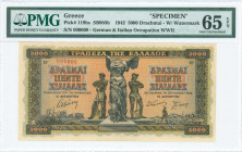 GREECE: Specimen of 5000 Drachmas (20.6.1942) in black on pale red, blue and multicolor unpt with statue of Nike of Samothrace at center between male ...