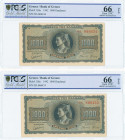 GREECE: 2x 1000 Drachmas (21.8.1942) in black on blue and orange unpt with girl in traditional costume from Thasos at center. Continuous S/N: "ΠΛ 8664...
