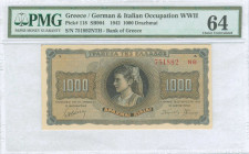 GREECE: 1000 Drachmas (21.8.1942) in black on blue and orange unpt with girl in traditional costume from Thassos at center. S/N: "751892 NΘ" with suff...