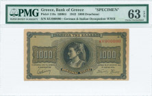 GREECE: Specimen of 1000 Drachmas (21.8.1942) in black on blue and orange unpt with girl in traditional costume from Thassos at center. S/N: "KY 00000...