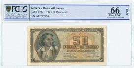 GREECE: 50 Drachmas (1.2.1943) in brown on blue and orange unpt with girl in traditional costume at left. S/N: "ΑE 777074". Printed in Athens. Inside ...