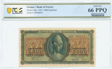 GREECE: 5000 Drachmas (19.7.1943) in green and brown with Goddess Athena at center. S/N: "ΗΨ 406824" with prefix. Printed in Athens. Inside holder by ...