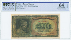 GREECE: 25000 Drachmas (12.8.1943) in black on brown, light blue and green unpt with Nymph Deidamia at left. S/N: "ΕΨ 105677" with prefix and number o...