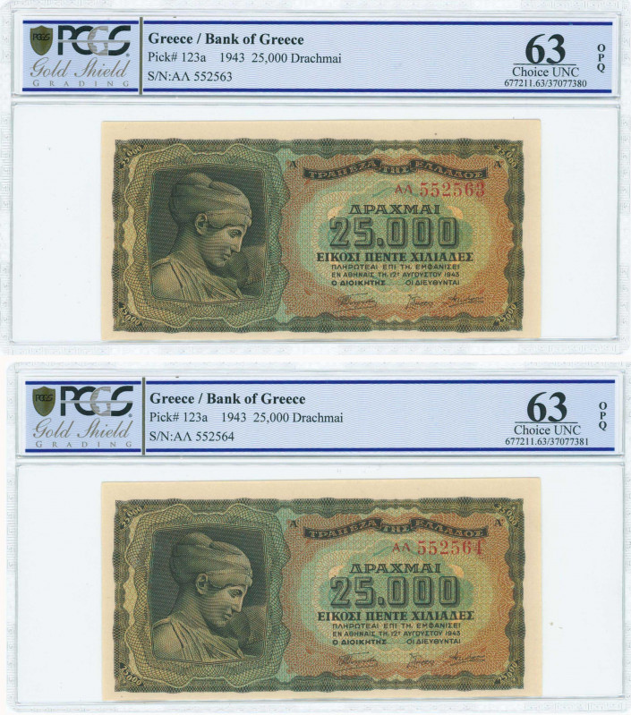 GREECE: 2x 25000 Drachmas (12.8.1943) in black on brown, light blue and green un...